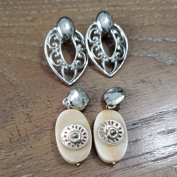 Vintage-Inspired Silver and Cream Dangle Earrings and Silver tone filigree pair - Picture 1 of 5